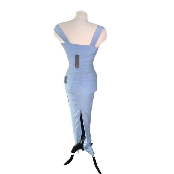 Lulus Amazing Presence Slate Blue Mesh Ruched Column Maxi Dress Sz XS Womens Blu - Picture 16 of 16